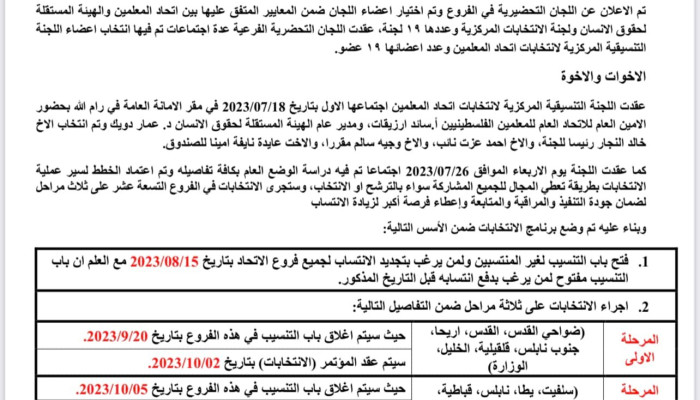 بيان صادر عن اللجنة التنسيقية لاتخابات اتحاد المعلمين